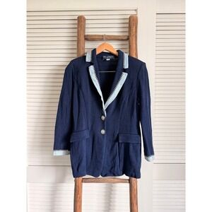 Vintage ST JOHN COLLECTION Navy Blue Knit Blazer Women Size 2 Two Button